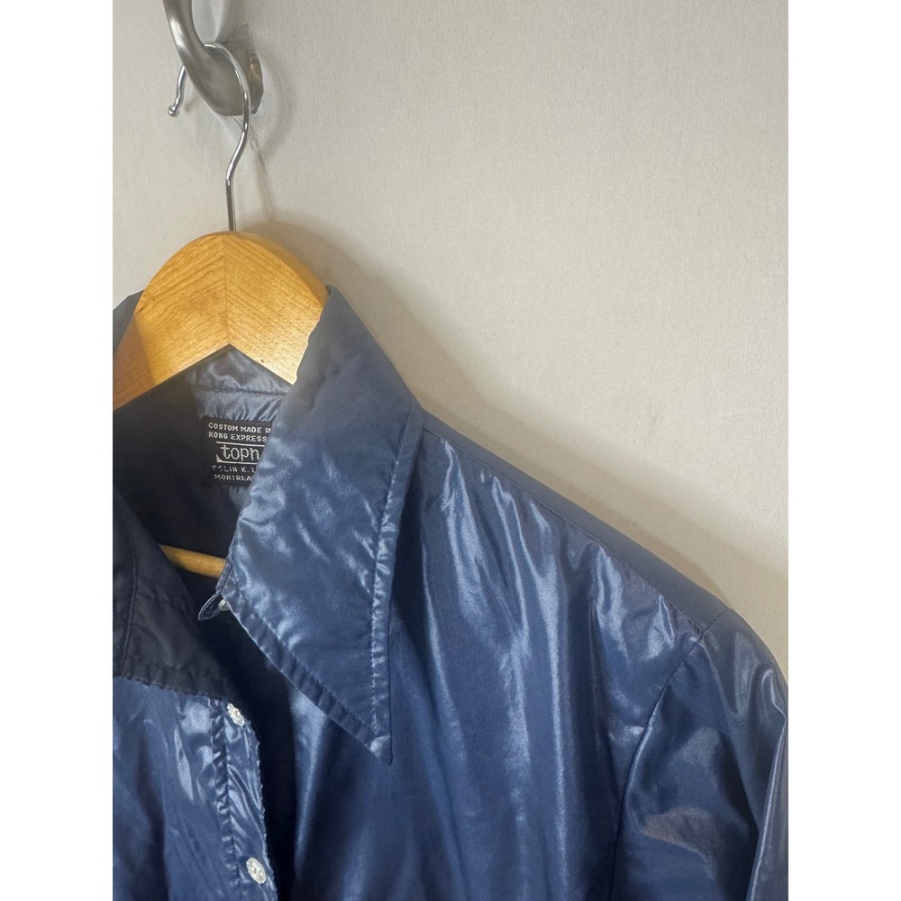Vintage 70s Topher Navy Blue Shiny Coated Button Shirt Pointed Collar Montreal - Picture 3 of 10